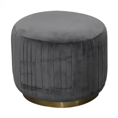 Grey Cotton Velvet Fabric Pleated Round Upholstered Footstool With Gold Base