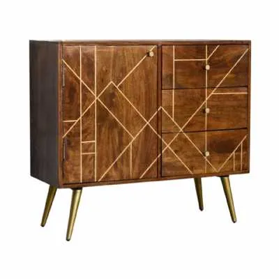 Chestnut Gold Inlay Abstract Sideboard Solid Wood Framed on 4 Brass Nordic Style Legs