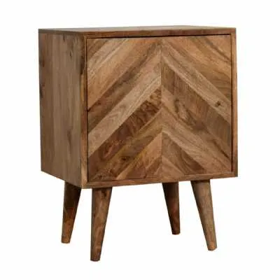 Geometric Patterned Oak Finish Wooden Bedside Table Cabinet Nightstand