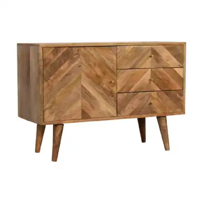 Geometric Patterned 3 Drawer Sideboard Cabinet Oak Finish Solid Wood Framed Nordic Legs