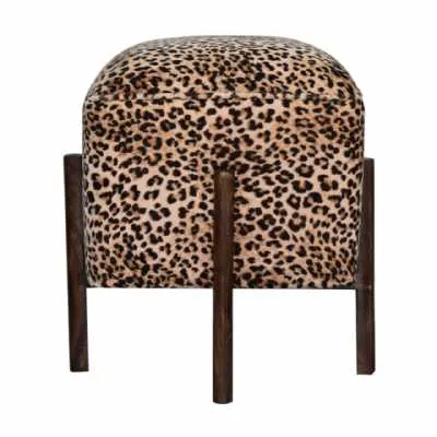 Leopard Print Footstool With Solid Wood Legs
