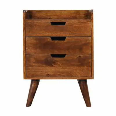 Chestnut Wood Gallery Back Bedside Table Cabinet Nightstand with 3 Drawers Nordic Legs