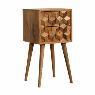 Mini Cube Carved Solid Wood 2 Drawer Bedside Table Cabinet Honeycomb Designed