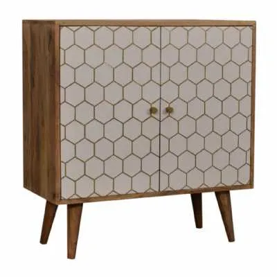 Wooden Small 2 Door Sideboard Cabinet Brass Honeycomb Inlay Patterned
