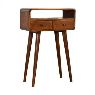 Mini Chestnut Wood Curved 2 Drawer Console Hallway Table with Open Shelf