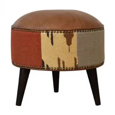 Durrie And Leather Mixed Footstool