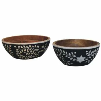 Floral Bowl With Resin Inlay In Mango Wood Set Of 2