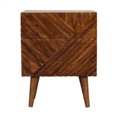 Dark Mango Wood 2 Drawer Bedside with Angled Lines Design