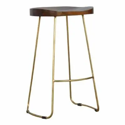 Modern Oval Mango Wood Barstool with Chestnut Top and Gold Base 73x43cm