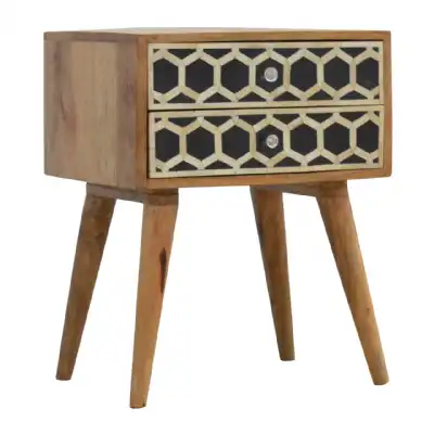Shabby Chic Wood Bedside Table Cabinet with 2 Hexagonal Bone Inlay Front Drawers