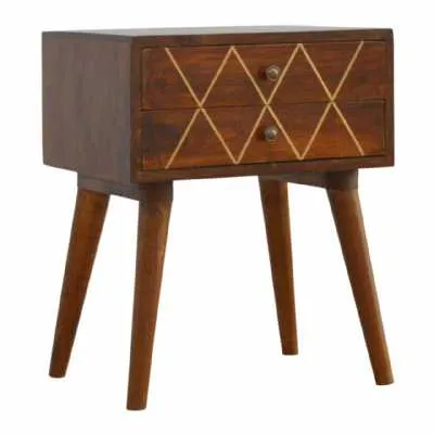 Nordic Style Mango Wood 2 Drawer Bedside Table Cabinet with Gold Wiring Front