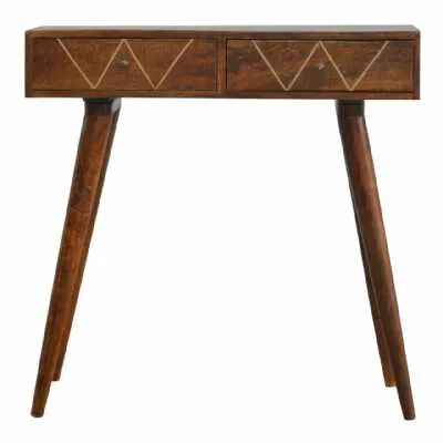 Nordic Style Mango Wood And Brass 2 Drawer Console Table With Gold Wiring 76 x 90cm