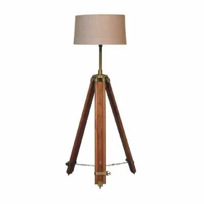 Brass Plated And Wooden Teak Floor Lamp