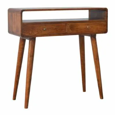 Scandinavian Mango Wood 2 Drawer Curved Hallway Console Table With Shelf