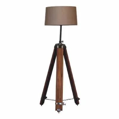 Chrome Plated And Wooden Teak Floor Lamp