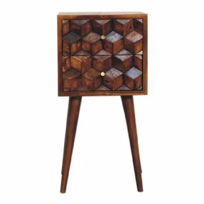 Mini Chestnut Cube Carved 2 Drawer Bedside