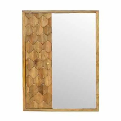 Mirror Cabinet With Shelves in Solid Natural Mango Wood With Geometric Pattern Front