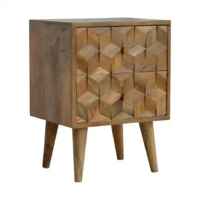 Mango Wood Cube Carved Pattern 2 Drawer Bedside Cabinet