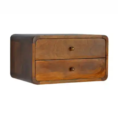 Minimalistic 2 Drawer Mango Wood Wall Mounted Bedside Unit in Chestnut Finish 25x45cm