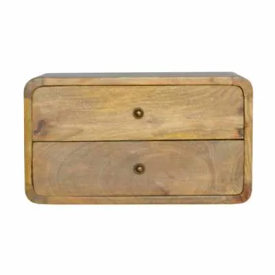 Retro Small 2 Drawers Curved Corner Wall Mounted Oak Finish Bedside Table 25 x 45cm