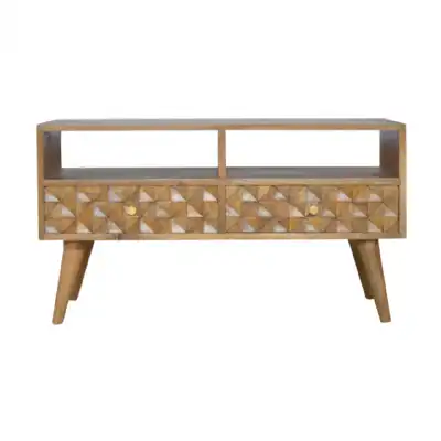 Nordic Style Mango Wood Diamond Carved Front 2 Drawer TV Entertainment Unit 47 x 87cm