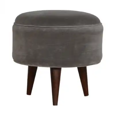 Scandinavian Round Solid Walnut Mango Wood Footstool with Grey Velvet Seat 45cm Diameter