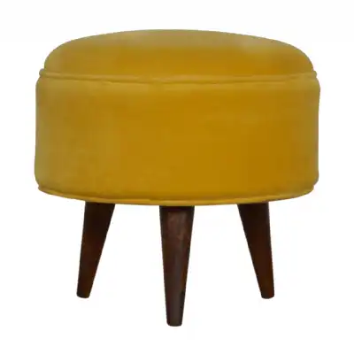 Scandinavian Round Solid Walnut Mango Wood Footstool with Mustard Velvet Seat 45cm Diameter