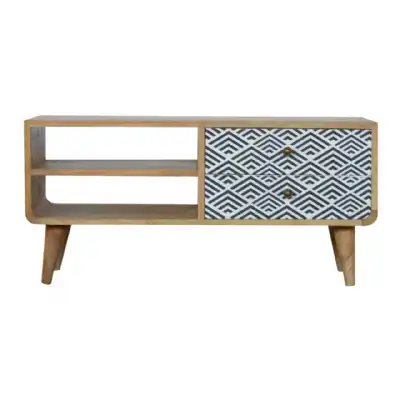 Nordic Style Mango Wood Diamond Monochrome Print 2 Drawer 2 Slot Media Unit 40 x 85cm