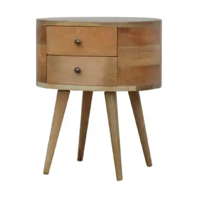 Traditional Round Edge Mango Wood Natural 2 Drawer Bedside Cabinet Table Nightstand