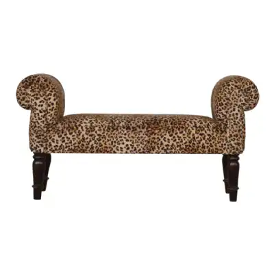 Nordic Mango Wood Leopard Print Velvet Upholstered Bench With Turned Feet 53 x 101cm
