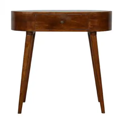 Modern Style Solid Mango Wood Chestnut Rounded Petite Console Hall Table with Drawer 78x80cm