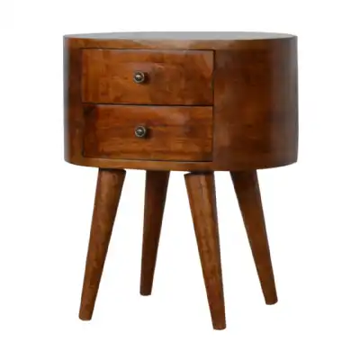 Traditional Round Edge Mango Wood Chestnut Finish 2 Drawer Bedside Cabinet Table 54x45cm