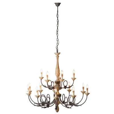 12 Arm Rustic Turned Wooden Chandelier With Chain