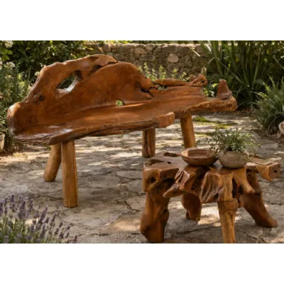 Natural Teak Root Organic Carved Medium Bench