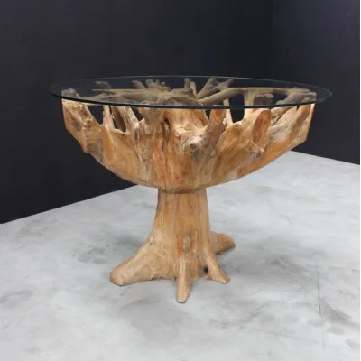 Glass Top 110cm Round 4 Seater Dining Table with Teak Root Wood Truck Base