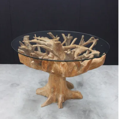 Glass Top 130cm Round 6 Seater Dining Table with Teak Root Base
