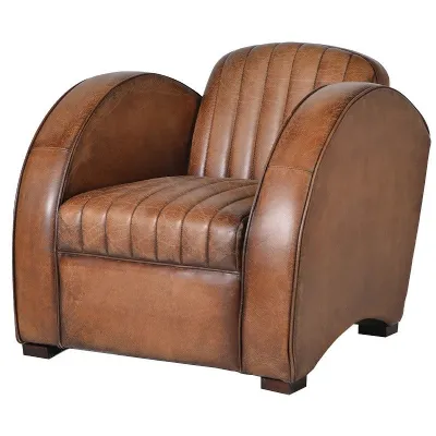 Vintage Art Deco Tan Aged and Ribbed Leather Rocket Armchair