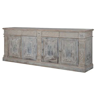 Unique Large Distressed Wooden Carved Sideboard