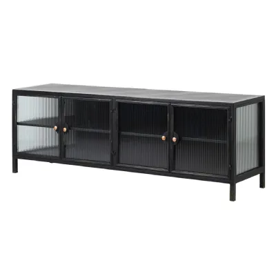 Black and Ribbed Glass Metal 4 Door Low Cabinet