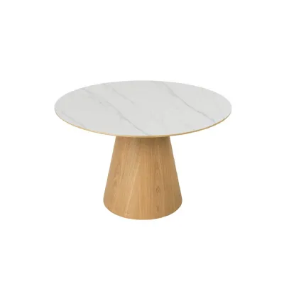 Sand Wood Small Round 120cm Dining Table Marble Effect Top