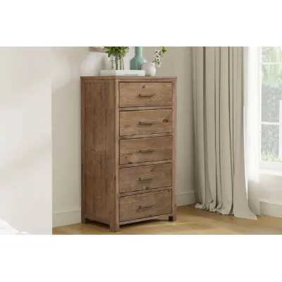 Rustic Reclaimed Pine Wood 5 Drawer Tallboy