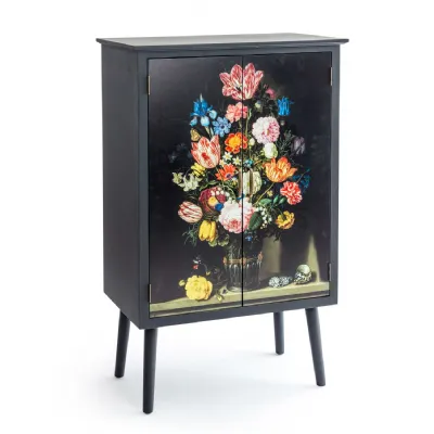 Tall Floral Bouquet Boho Chic Side Cabinet with Narrow Legs