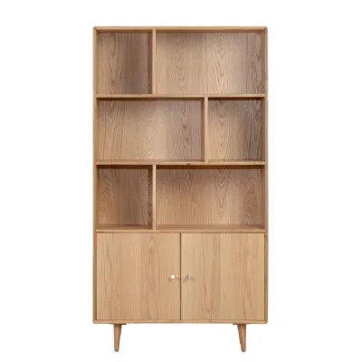 Light Oak Finish Wooden 2 Door Large Bookcase 6 Shelves