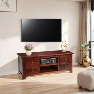 Dark Mango Wood 4 Drawer Wide TV Media Cabinet