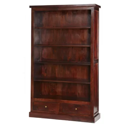 Dark Mango Wood Large Open Bookcase with 2 Drawers