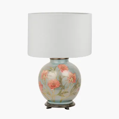 Coral Peony Large Glass Table Lamp Base with Lino 40cm White Self Lined Linen Cylinder Lampshade