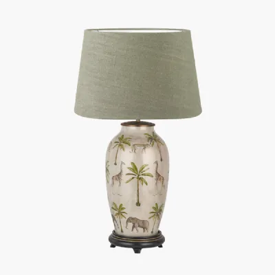Safari Tall Glass Table Lamp Base with Milos 40cm Pistachio Green Linen Tapered Lampshade