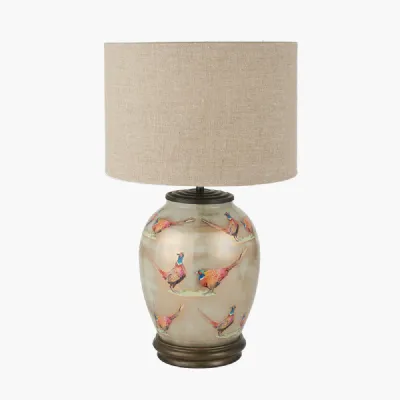 Pheasant Medium Glass Table Lamp Base with Edward 30cm Natural Linen Cylinder Lampshade