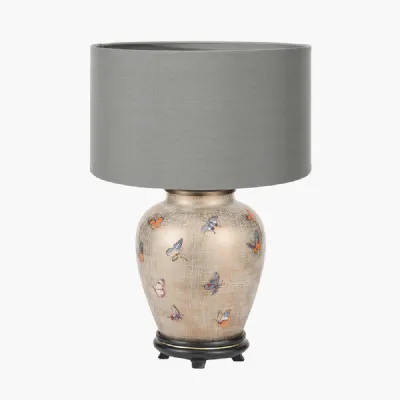 Butterflies Small Glass Table Lamp Base with Harry 25cm Steel Grey Cotton Mix Cylinder Lampshade