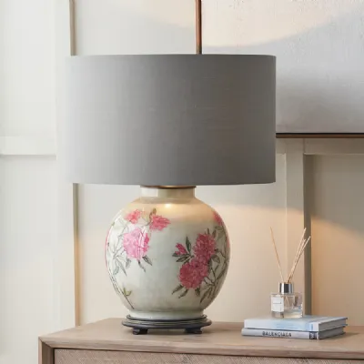 Champagne Glass Floral Table Lamp Grey Cylinder Lampshade